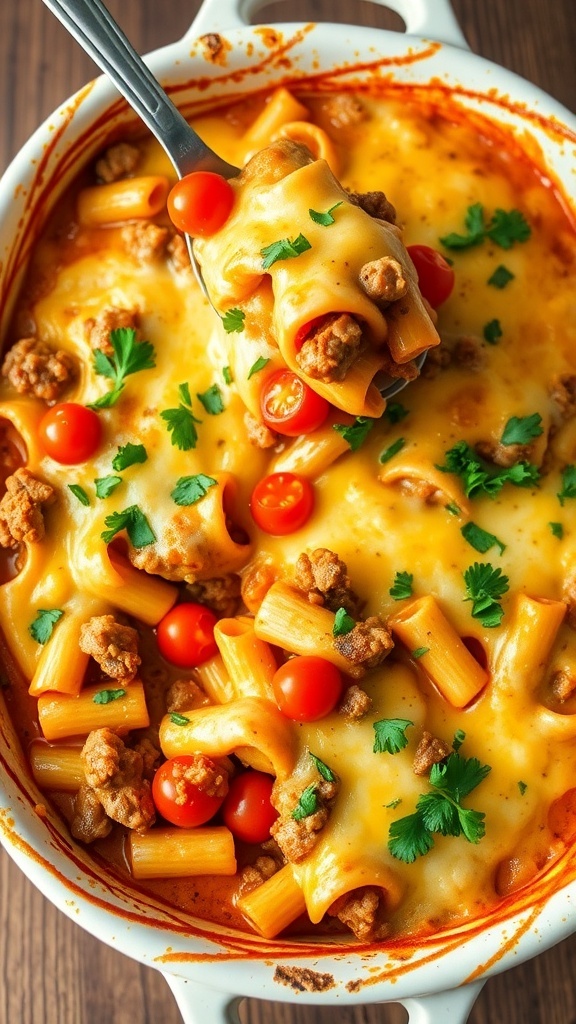 Cheesy hamburger casserole with ground beef, pasta, and melted cheese, garnished with parsley in a baking dish.